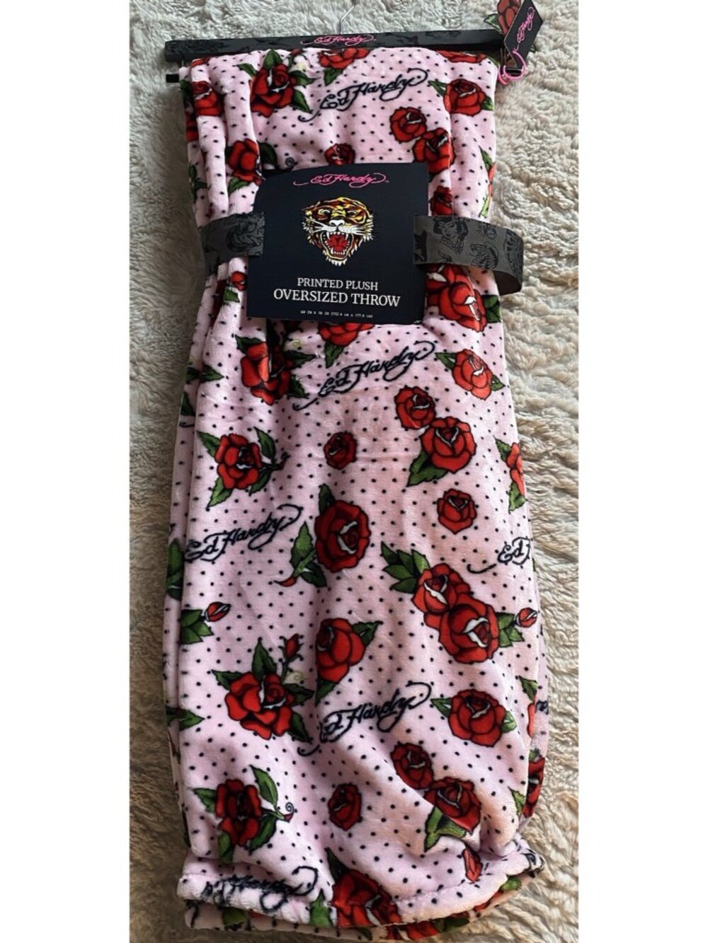 Ed Hardy Pink Plush Oversized Throw Blanket 60”‎ X 70” Roses Polka Dots Tattoo